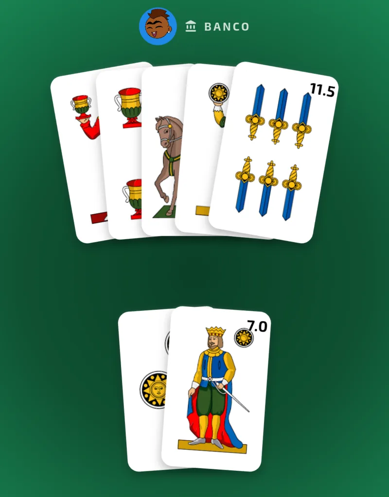Il banco supera 7½ con cinque carte mentre il giocatore resta a 7