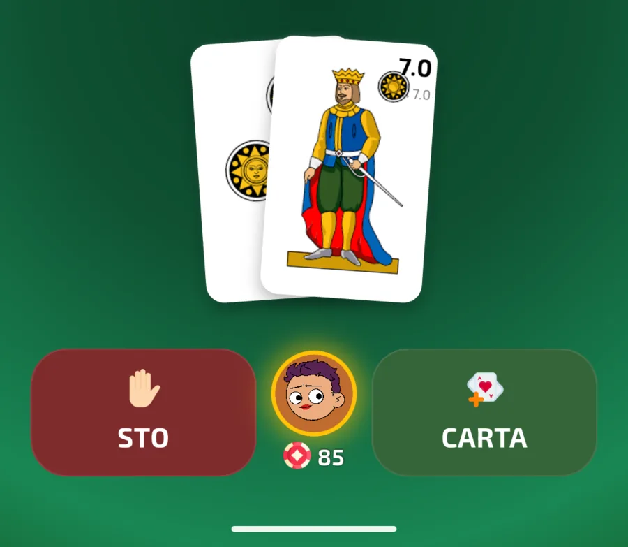 Mano da 7 punti con il re di denari e i pulsanti STO e CARTA