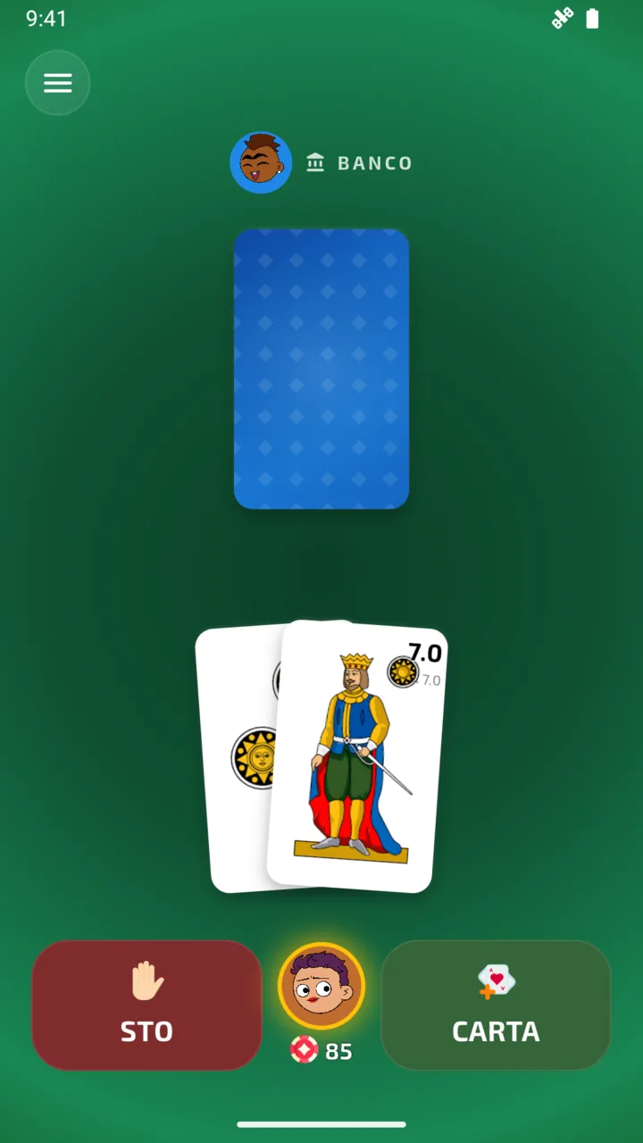 Partita di Sette e Mezzo nell’app: 7 punti con il re di denari, comandi STO e CARTA
