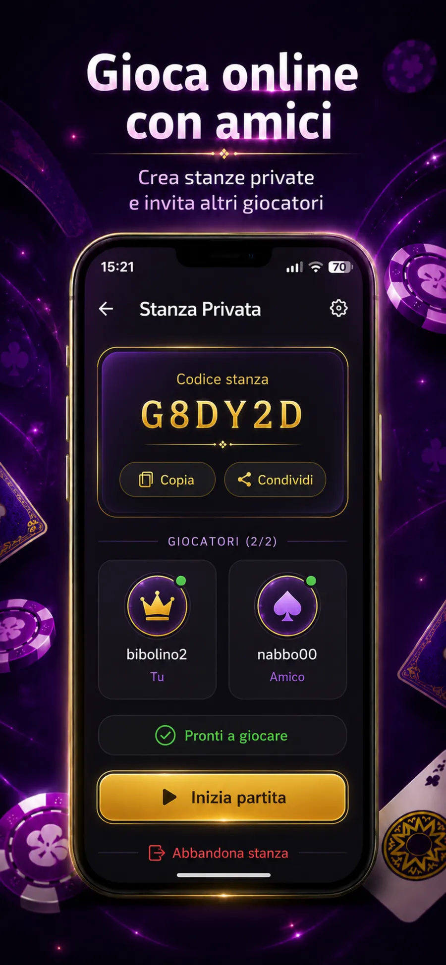 Schermata dell’app Sette e Mezzo: Sette e Mezzo con amici: stanze online e codice invito